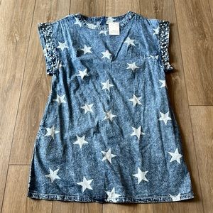 Women’s Blue ButterCup Denim Dress w/ Pearl/Rhinestone Embellished Cap Sleeves